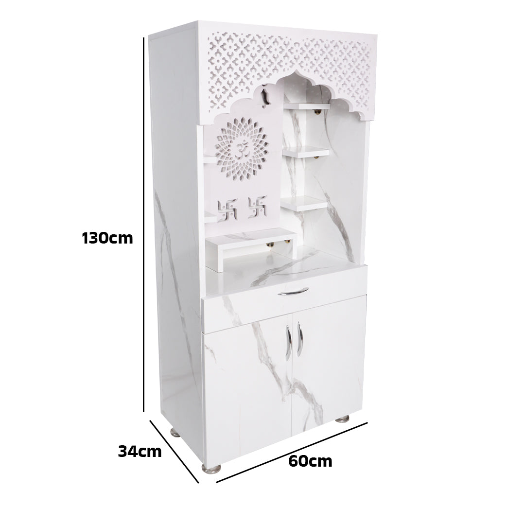 Modern Wooden Mandir with LED Light – White & Brown Finish Temple for Home (130x60x34 cm) | Pooja Mandir with Storage Cabinet