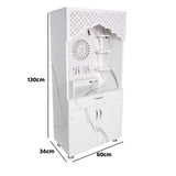 Modern Wooden Mandir with LED Light – White & Brown Finish Temple for Home (130x60x34 cm) | Pooja Mandir with Storage Cabinet