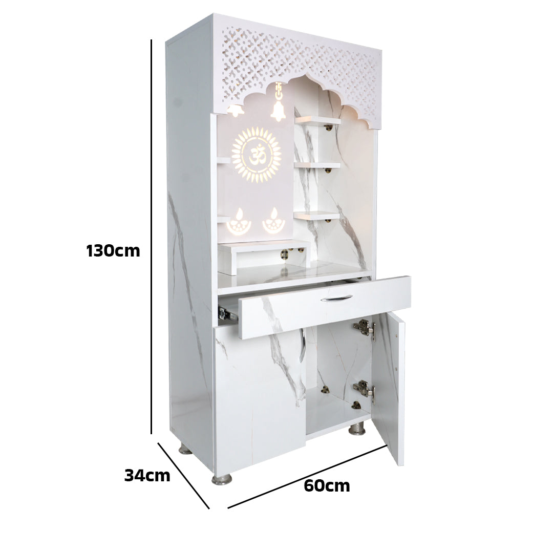 Luxury LED Pooja Mandir for Home – White Marble & Brown Wooden Finish Temple with Storage (130x60x34 cm)