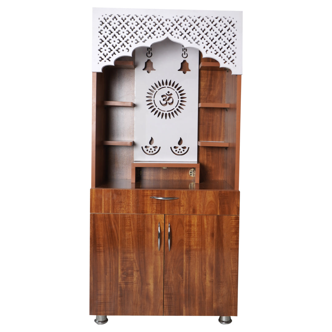 Luxury LED Pooja Mandir for Home – White Marble & Brown Wooden Finish Temple with Storage (130x60x34 cm)