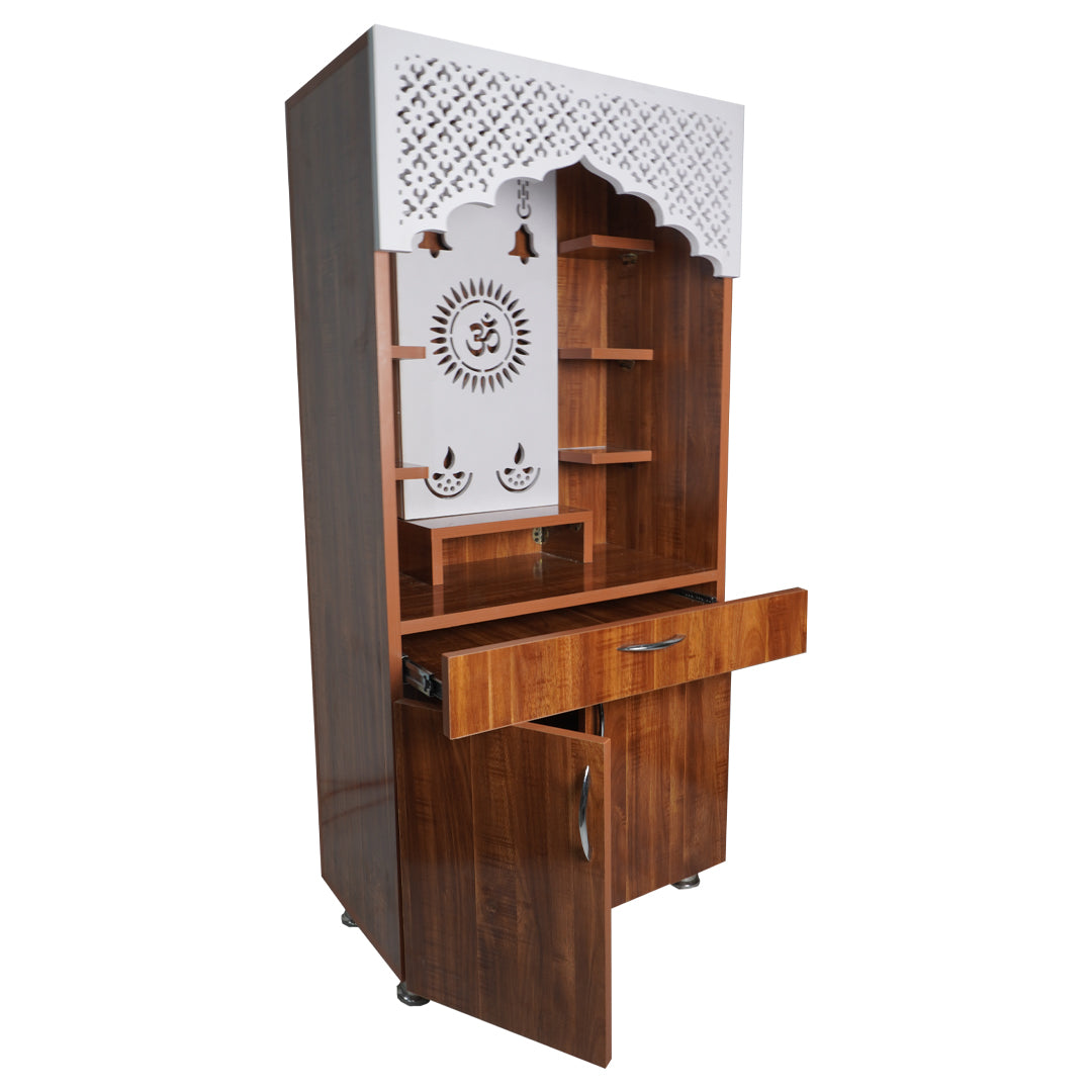 Luxury LED Pooja Mandir for Home – White Marble & Brown Wooden Finish Temple with Storage (130x60x34 cm)