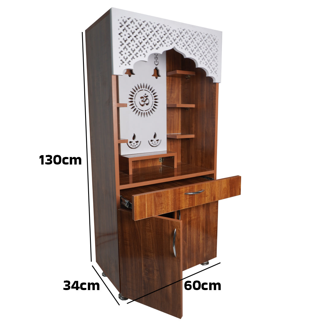 Luxury LED Pooja Mandir for Home – White Marble & Brown Wooden Finish Temple with Storage (130x60x34 cm)