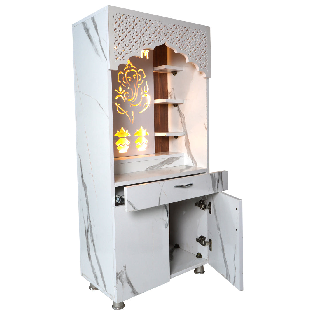 Modern Wooden Mandir with LED Back Panel – Ganesh & Shubh Labh Design Home Temple (130 cm Height)