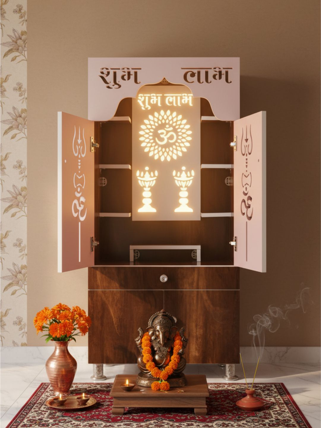 Wooden Pooja Mandir with “Shubh Labh” Design & Storage Cabinet (Dual Tone Finish)