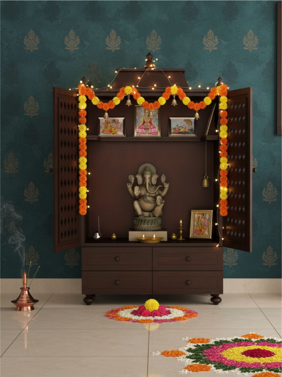 Wooden Pooja Mandir with Carved Doors and Storage
