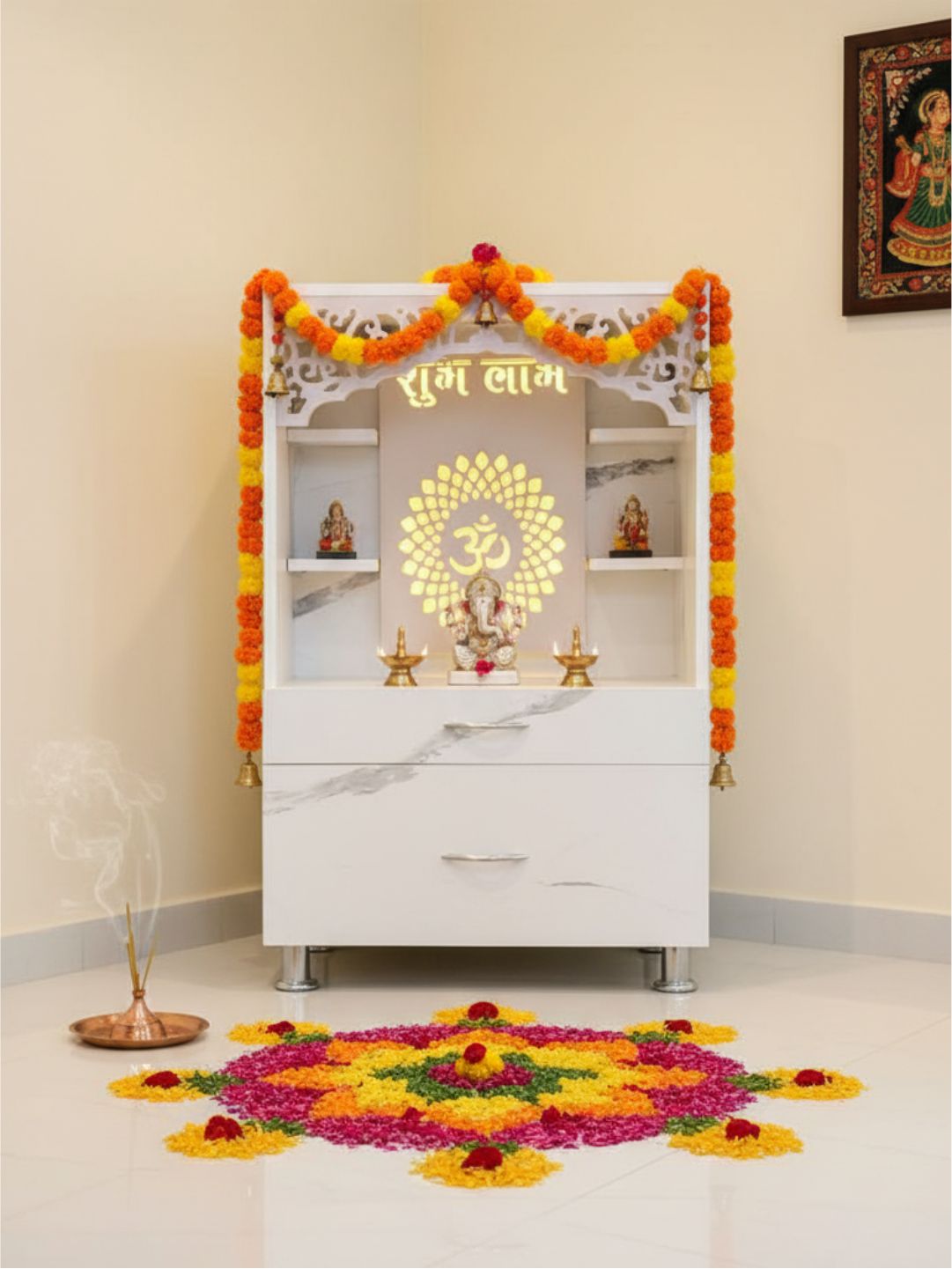 White Marble-Finish Pooja Mandir with LED Backlight