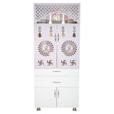 Luxury Wooden Mandir for Home with LED Om Panel & Double Drawer Storage | Modern White Pooja Temple Cabinet