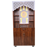 Wooden Mandir with LED Back Panel – White & Brown Finish Pooja Temple for Home (130x60x34 cm) | Designer Mandir with Storage