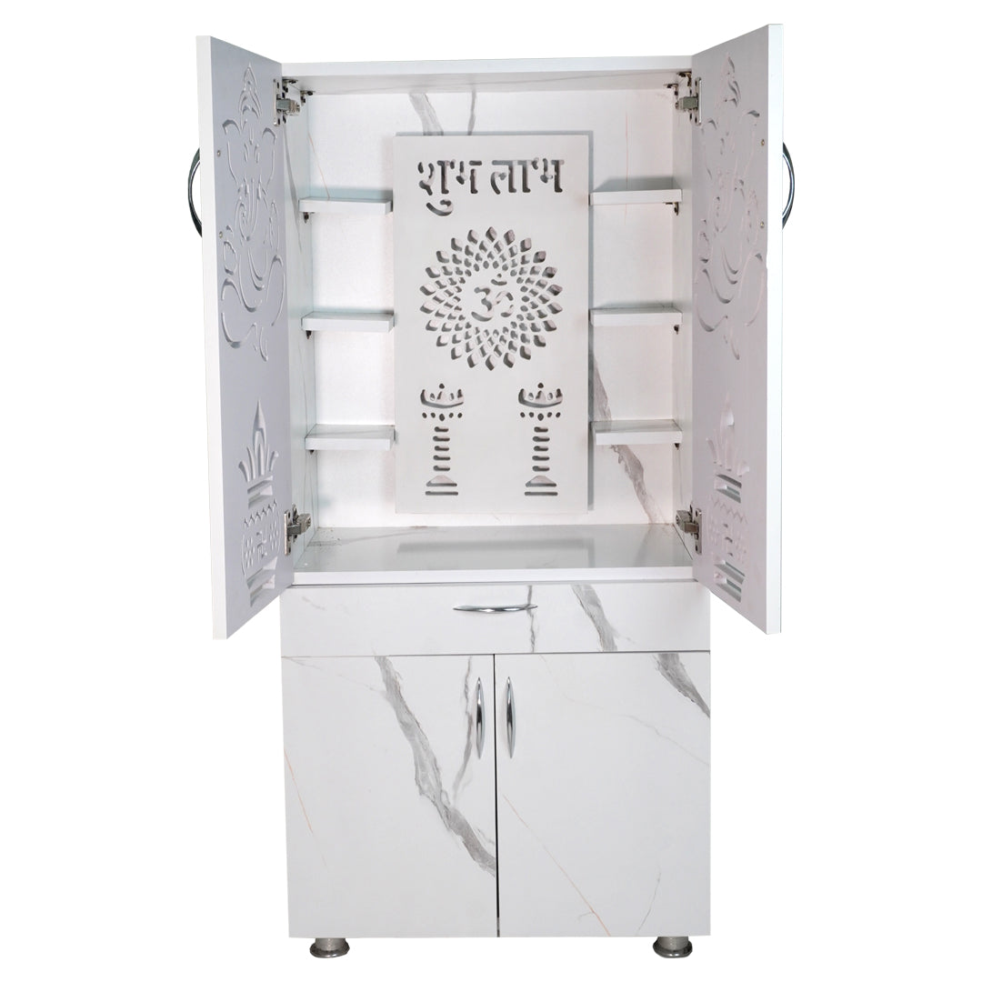 Wooden Mandir for Home with LED Shubh Labh Om Design & Storage | Modern White Pooja Cabinet with Ganesh Door
