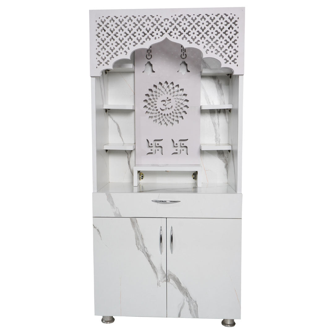 Modern Wooden Mandir with LED Light – White & Brown Finish Temple for Home (130x60x34 cm) | Pooja Mandir with Storage Cabinet