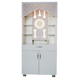 Modern White Wooden Mandir with LED Light & Bell Design – 130x60x34 cm | Home Temple with Storage Cabinet