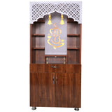 Ganesh LED Wooden Mandir for Home – White & Brown Finish Temple with Storage Cabinet (130x60x34 cm)