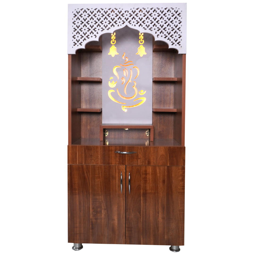 Ganesh LED Wooden Mandir for Home – White & Brown Finish Temple with Storage Cabinet (130x60x34 cm)