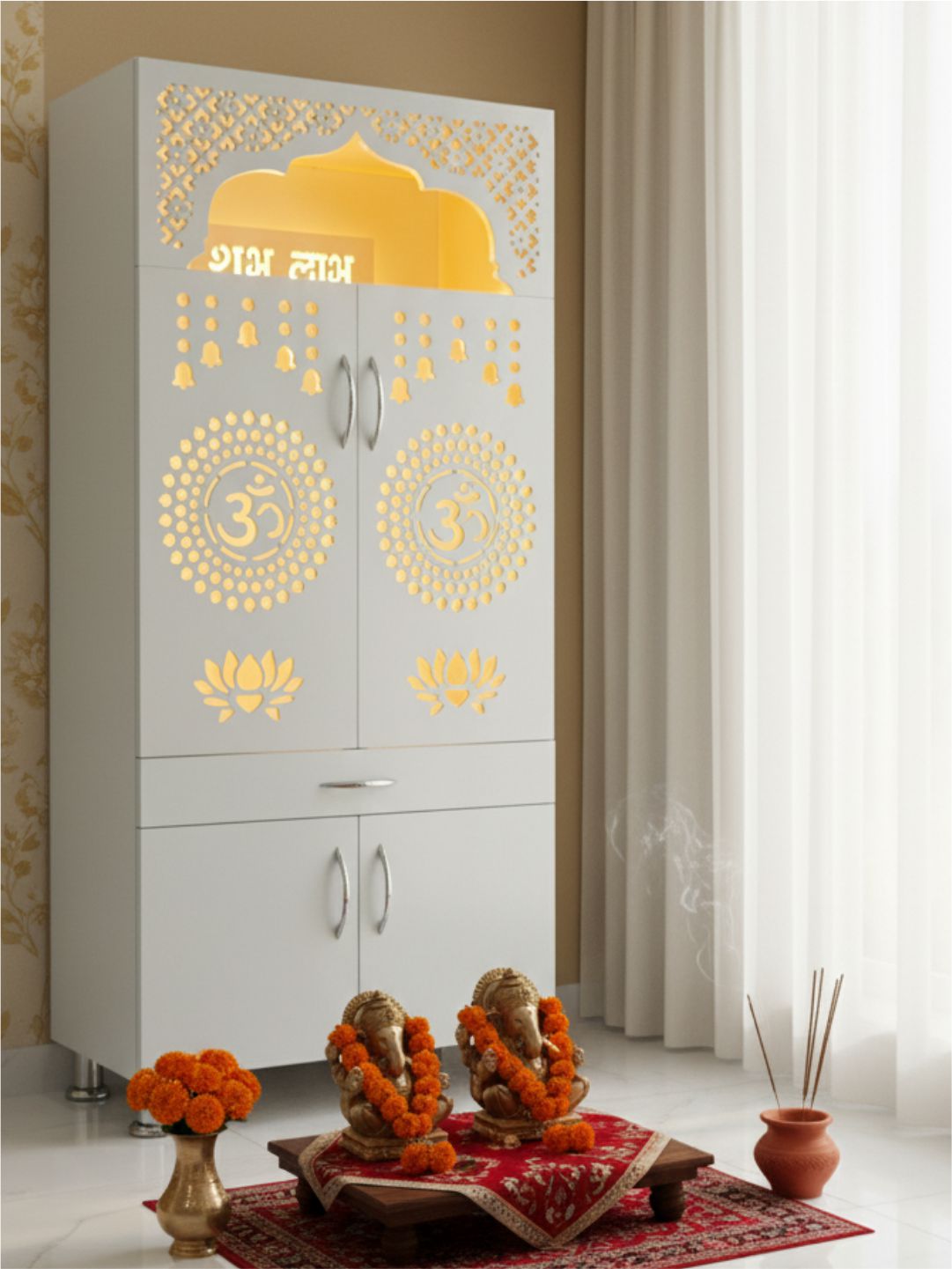 Designer Wooden Pooja Mandir with LED Backlight & “Om” Engraving