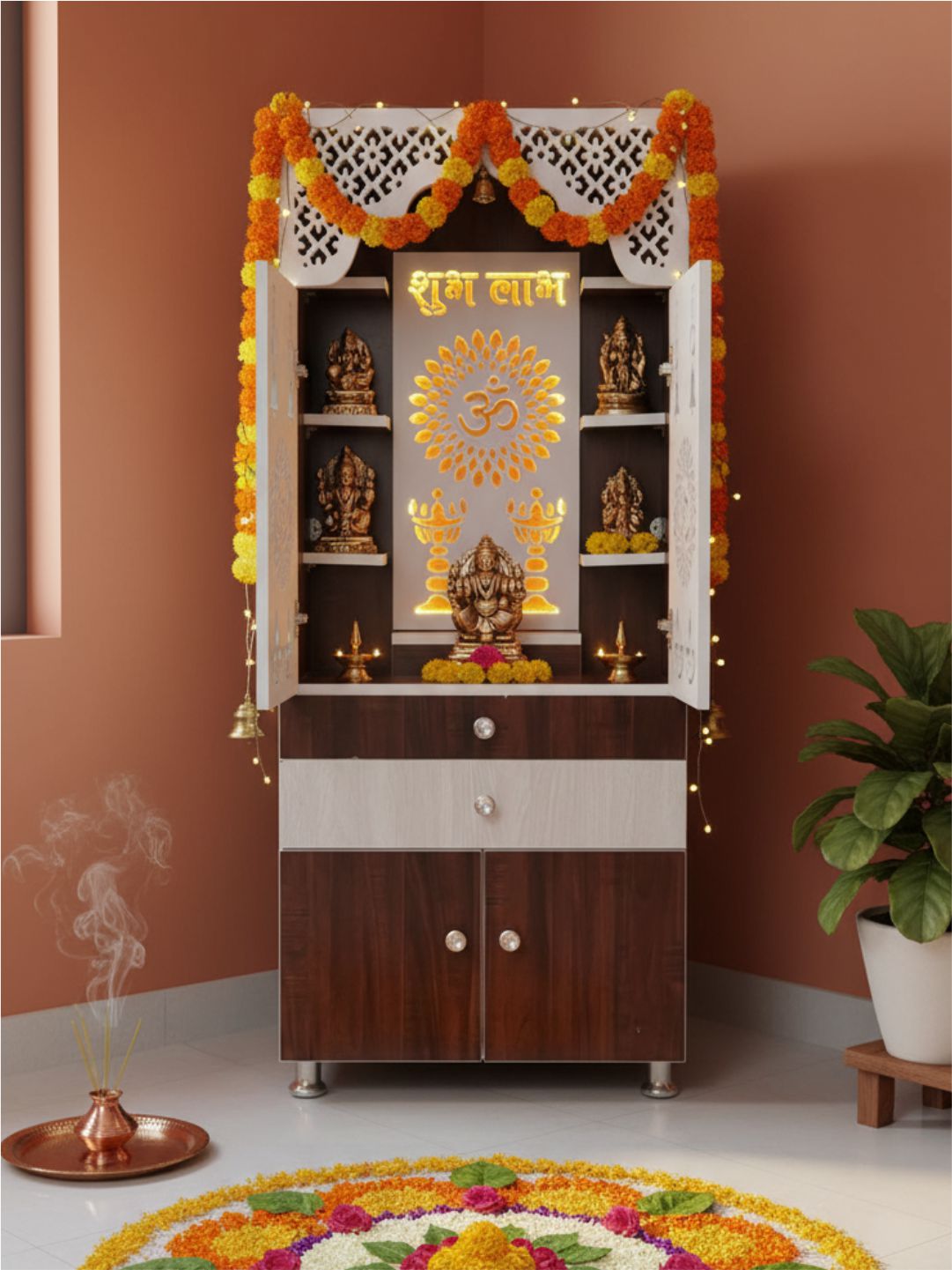 Wood and White Finish Pooja Mandir with Storage