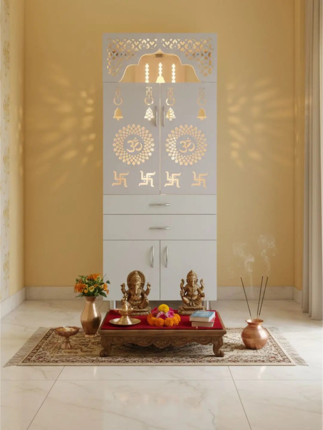 Modern Wooden Mandir with LED Light & Storage The Mandir Company