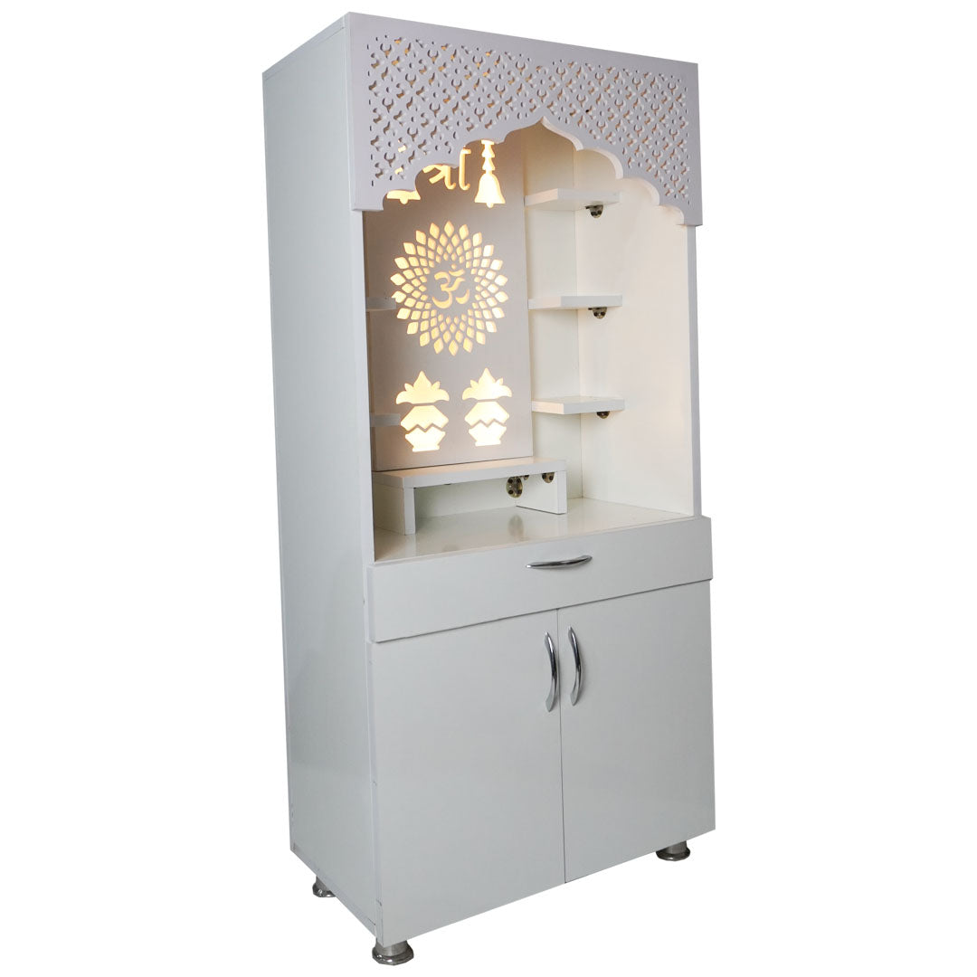 White Wooden Temple for Home with LED Shree & Om Lotus Design | Modern Pooja Mandir with Storage | 130x60x34 cm | The Mandir Company