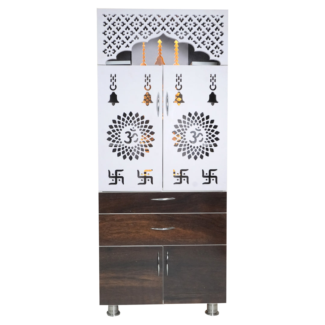 Wooden Home Mandir with LED Light & Storage Drawers – White, Brown & Black Temple Unit (145x60x34 cm) Modern Pooja Cabinet