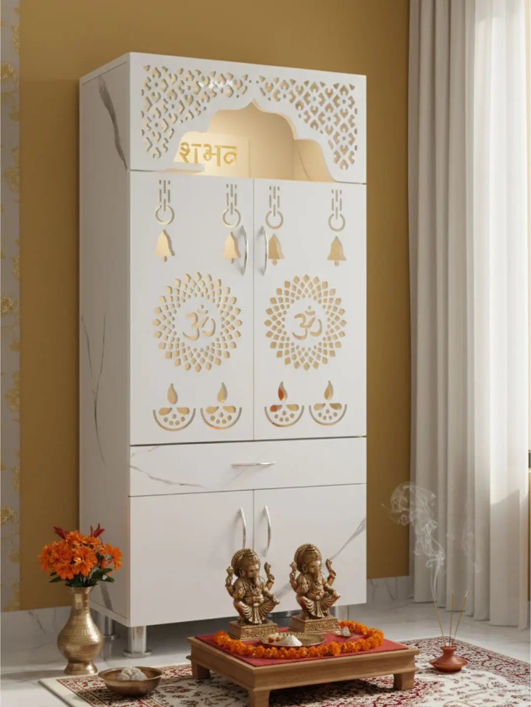 Marble Finish Wooden Mandir with LED Backlight & Storage The Mandir Company