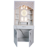 LED Wooden Mandir for Home – White & Brown Finish Temple with Shri Om Design (130x60x34 cm) | Modern Pooja Mandir with Storage