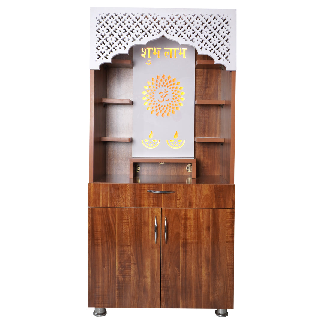 Premium Shubh Labh Wooden Mandir with LED Light – White & Brown Home Temple with Storage (130x60x34 cm)