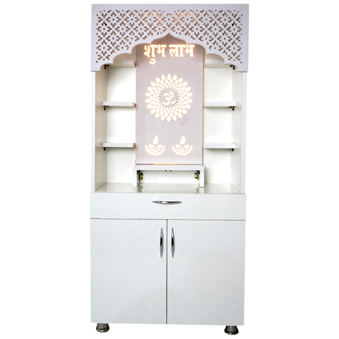 White Wooden Mandir with LED Light & Shubh Labh Design – 130x60x34 cm | Modern Pooja Temple with Storage