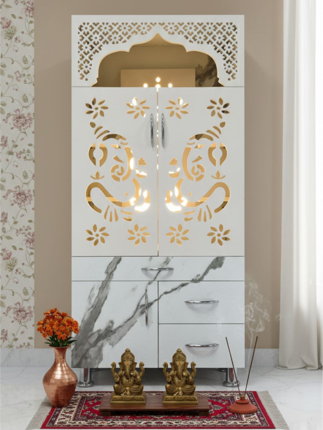 Marble-Finish Wooden Pooja Mandir with LED Light