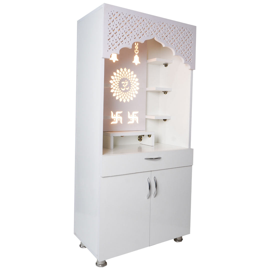 Modern White Wooden Mandir with LED Light – 130x60x34 cm | Home Temple with Storage Drawer & Shelves