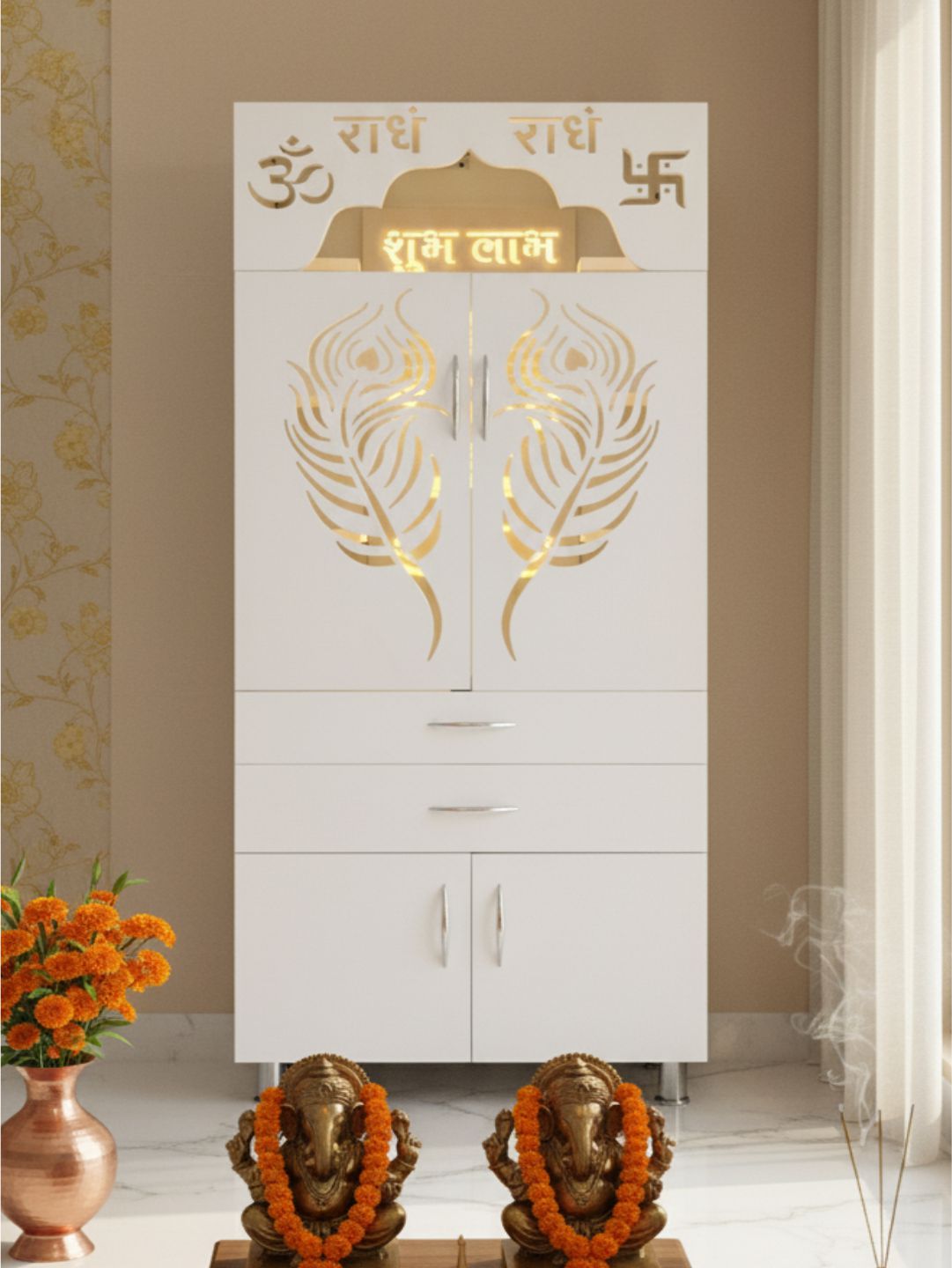 Modern White Standing Pooja Mandir With LED Backlit Jaali Doors