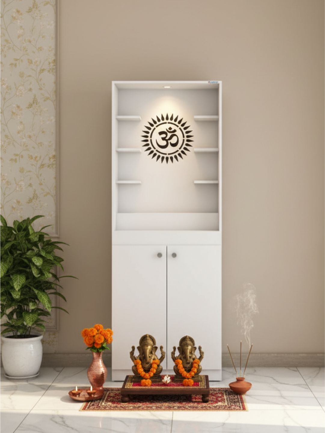 Modern Wooden Pooja Mandir with LED Light & Storage Cabinet