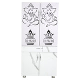 Wooden Mandir for Home with LED Trishul Om Design & Storage | Modern White Pooja Cabinet with Drawer