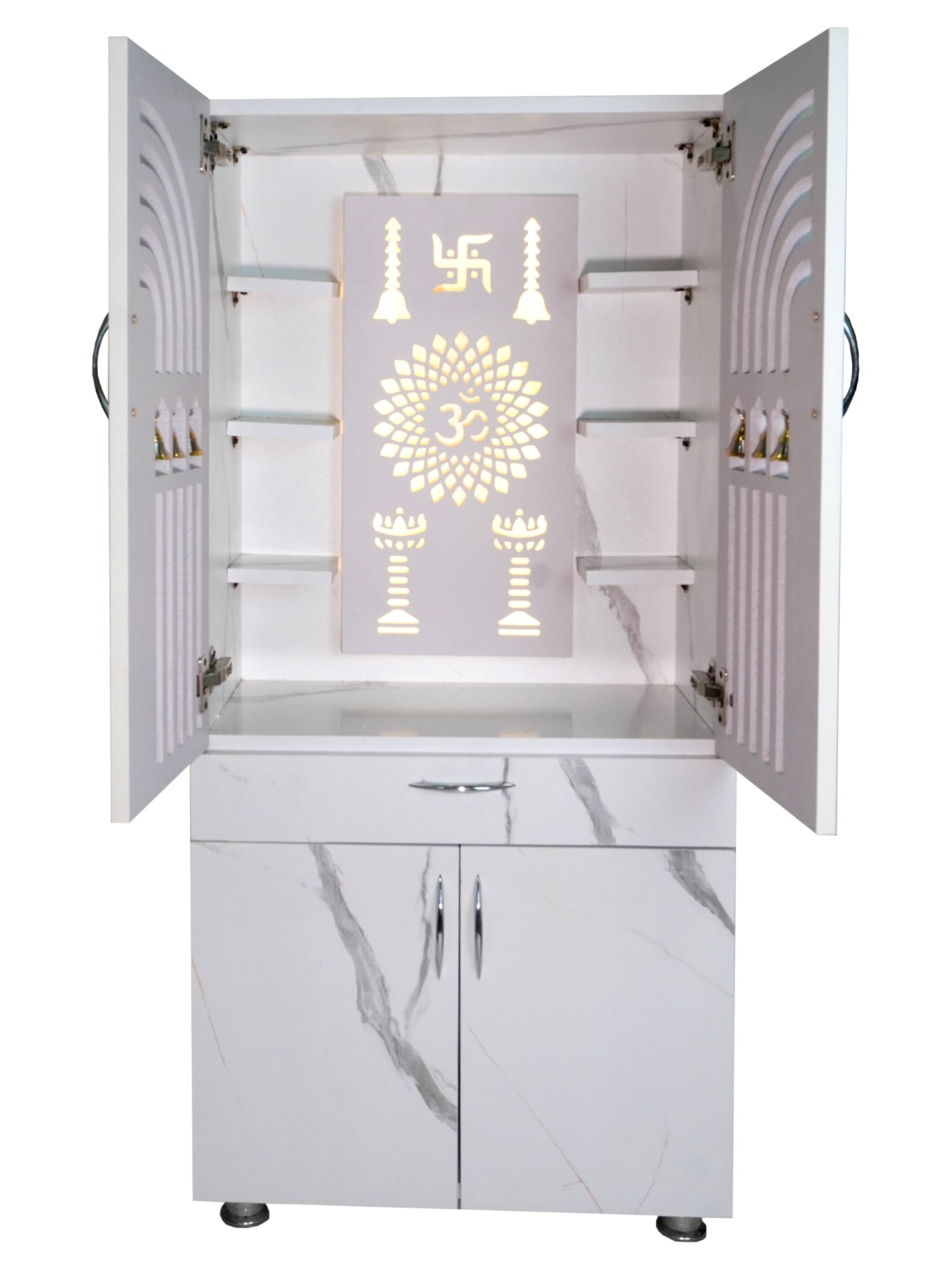 Modern Wooden Mandir for Home with LED Om Panel & Hanging Bells | Designer White Pooja Cabinet with Storage Drawer