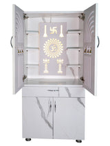 Modern Wooden Mandir for Home with LED Om Panel & Hanging Bells | Designer White Pooja Cabinet with Storage Drawer