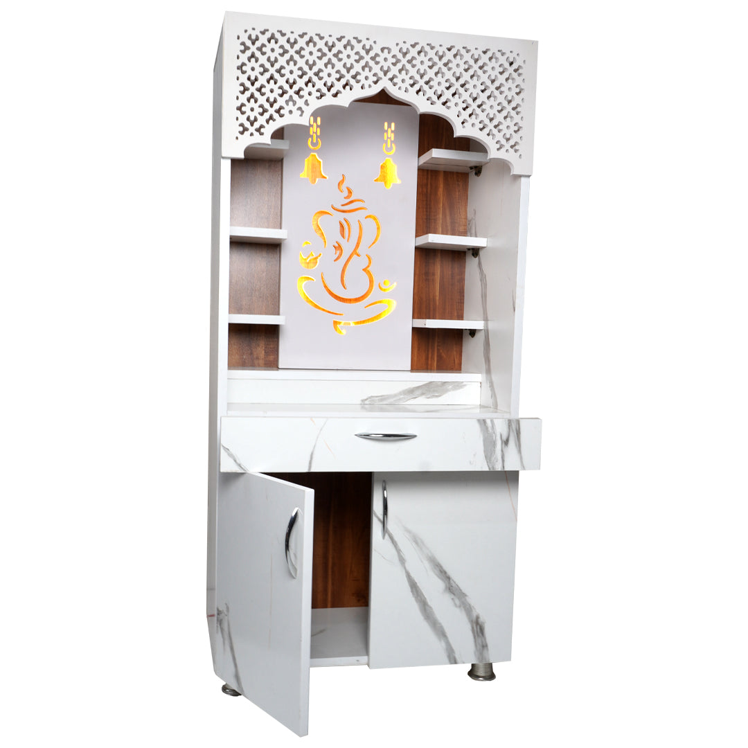 Modern White Marble Finish Mandir with LED Ganesh Design – 130x60x34 cm | Wooden Temple for Home with Storage