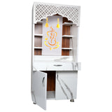 Modern White Marble Finish Mandir with LED Ganesh Design – 130x60x34 cm | Wooden Temple for Home with Storage