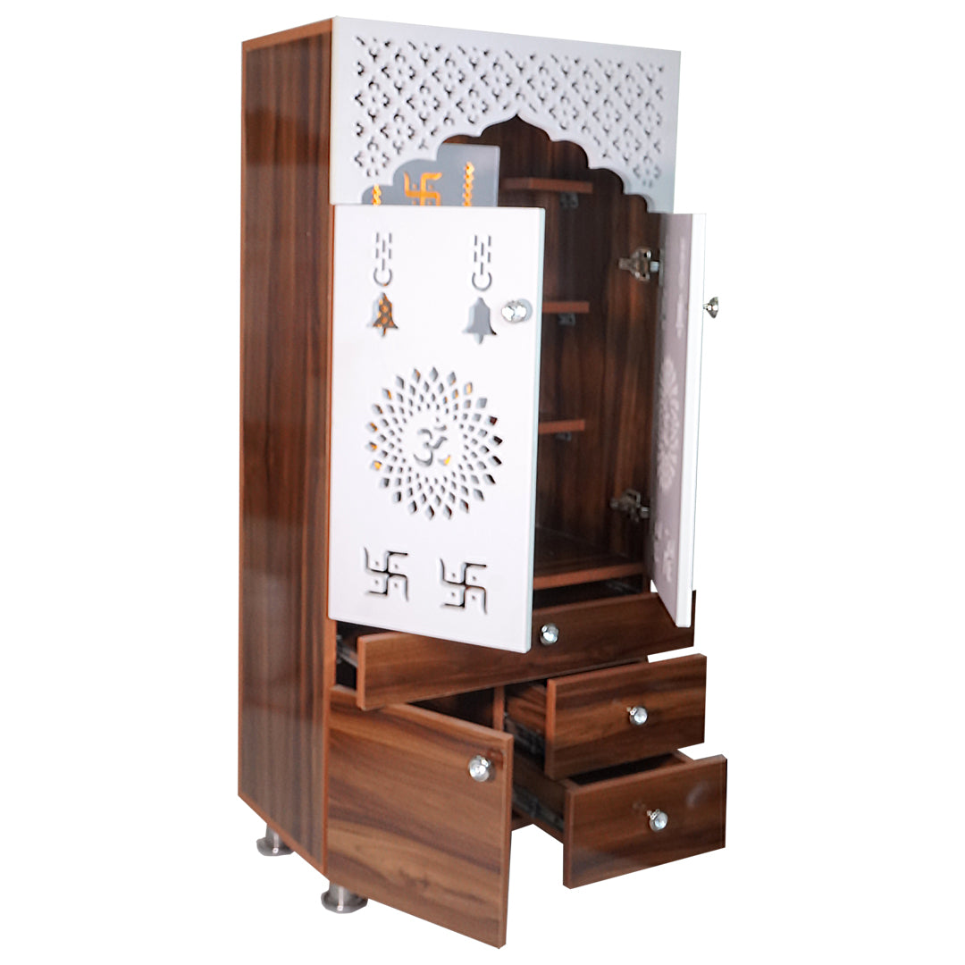 Wooden Pooja Mandir for Home with LED Light & Storage | Modern Temple Cabinet with Drawer & Shelves