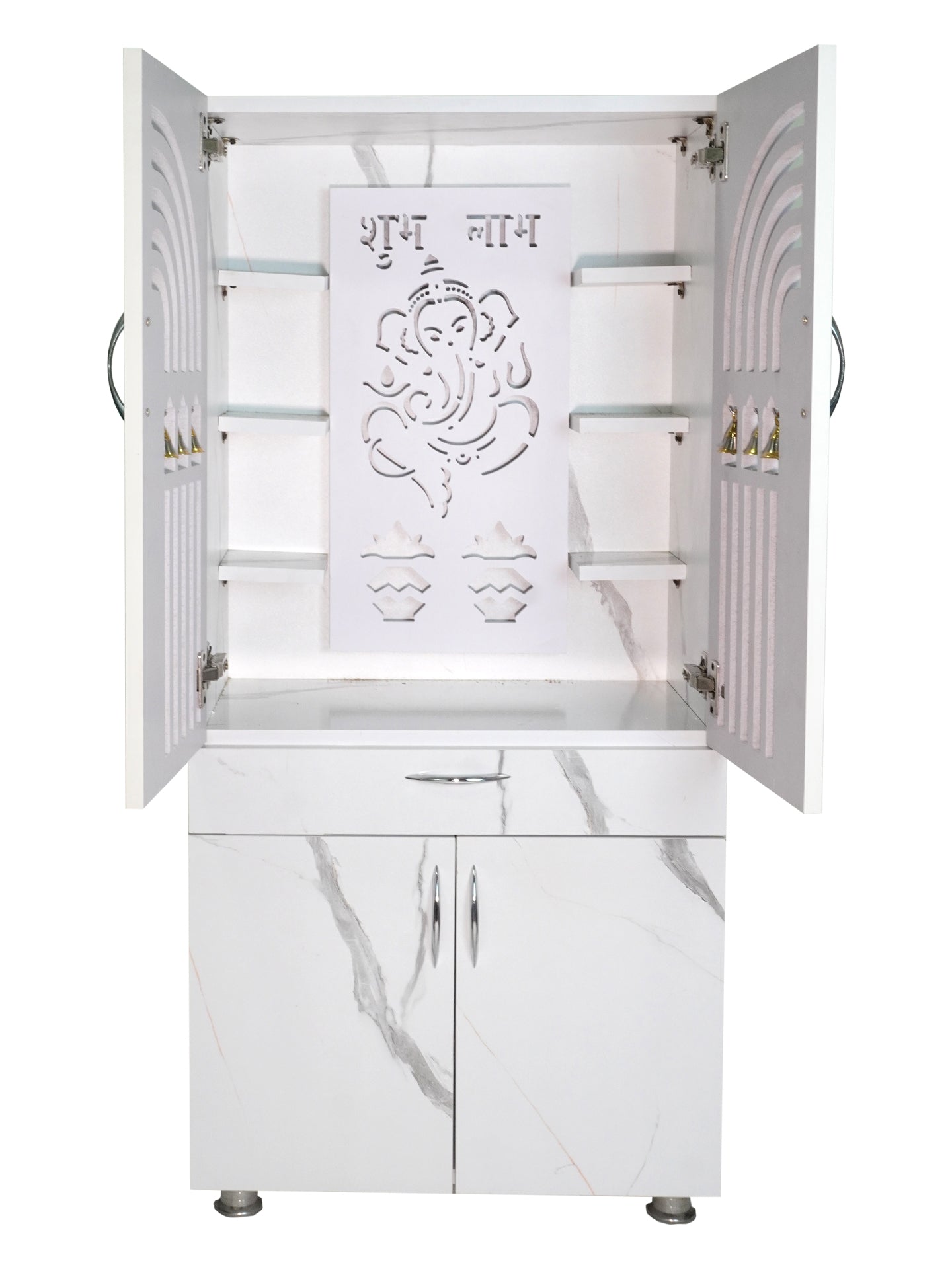 Luxury Wooden Mandir for Home with LED Ganesh & Shubh Labh Panel | Modern White Pooja Cabinet with Bells & Storage