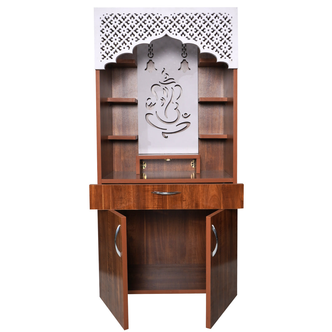 Ganesh LED Wooden Mandir for Home – White & Brown Finish Temple with Storage Cabinet (130x60x34 cm)