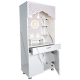 Luxury LED Pooja Mandir for Home – White Marble & Brown Wooden Finish Temple with Storage (130x60x34 cm)