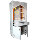 White Marble Finish Wooden Mandir with LED Om Sun Design – 130x60x34 cm | Modern Wooden Temple for Home with Storage
