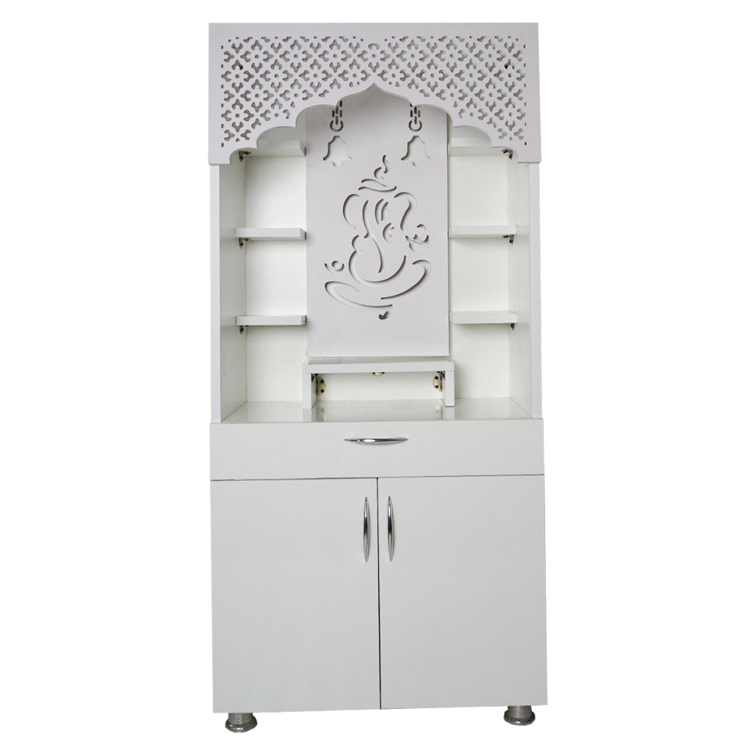 White Wooden Temple for Home with LED Light | Modern Pooja Mandir with Storage | 130x60x34 cm | The Mandir Company