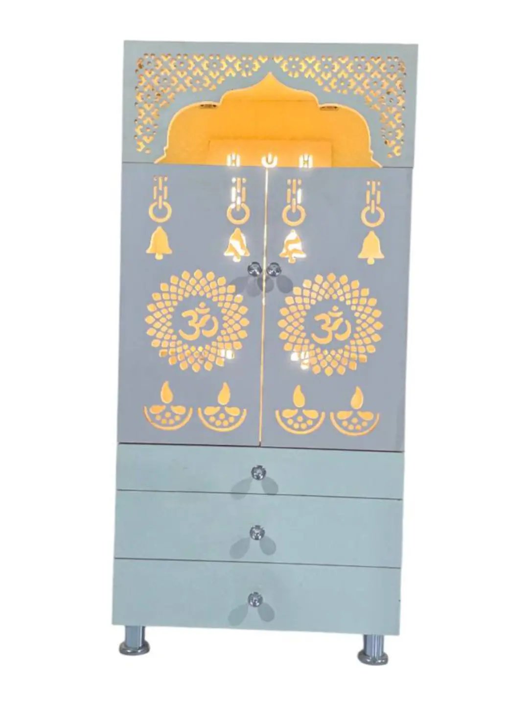 Modern White Wooden Mandir with LED Backlight & 3 Storage Drawers