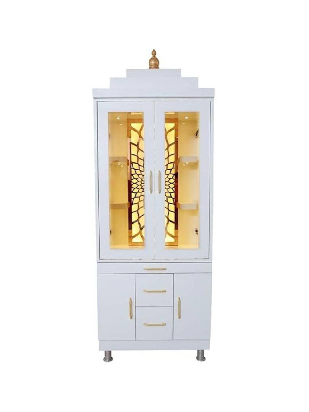 White Wooden Pooja Mandir with Glass Doors and Storage