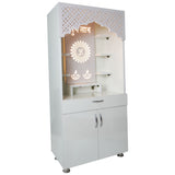 White Wooden Mandir with LED Light & Shubh Labh Design – 130x60x34 cm | Modern Pooja Temple with Storage