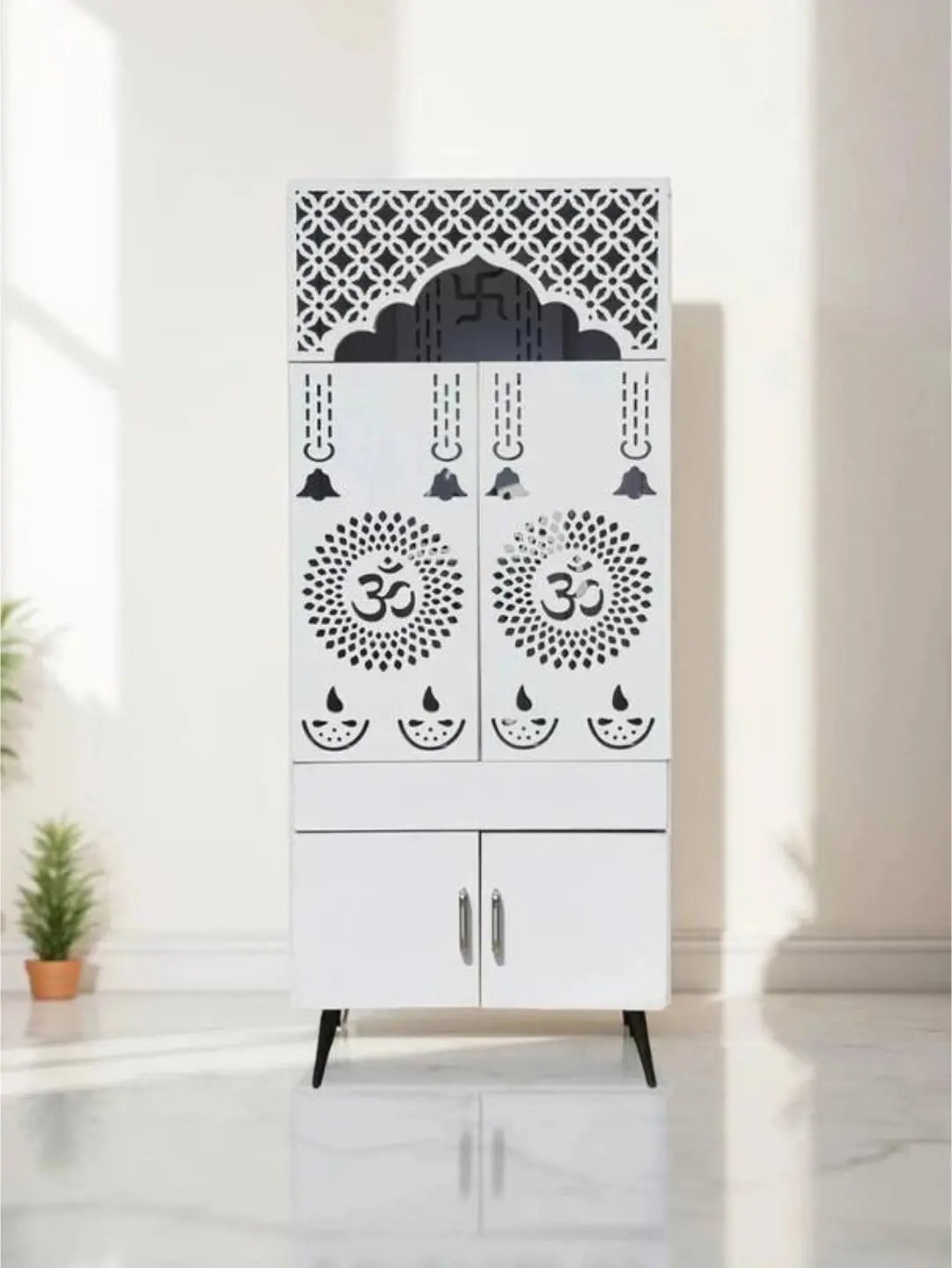 White Wooden Mandir with LED Backlight & Storage