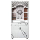 White Marble Finish Mandir with LED Light & Shubh Labh Design – 130x60x34 cm | Modern Wooden Temple for Home with Storage