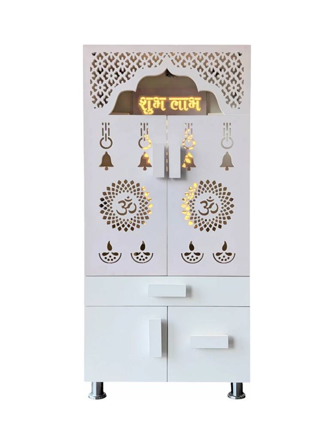 Premium White Wooden Pooja Mandir with Storage & LED Cutwork Design