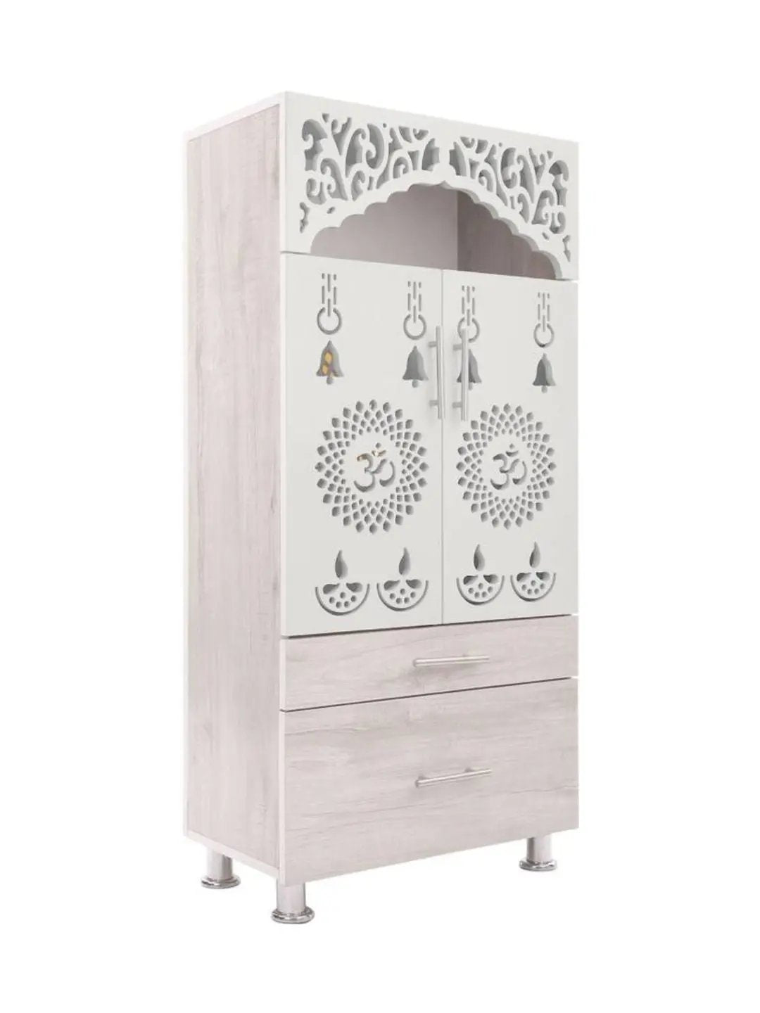 White Wooden Mandir with Dual Drawers & Decorative Jaali Design