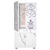 Wooden Mandir for Home with LED Shree Om Design & Storage | Modern White Pooja Cabinet with Ganesh Door