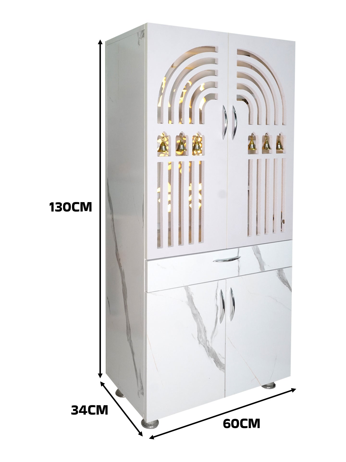 Premium Wooden Mandir for Home with LED Shree Om Panel & Hanging Bells | Modern White Pooja Cabinet with Storage